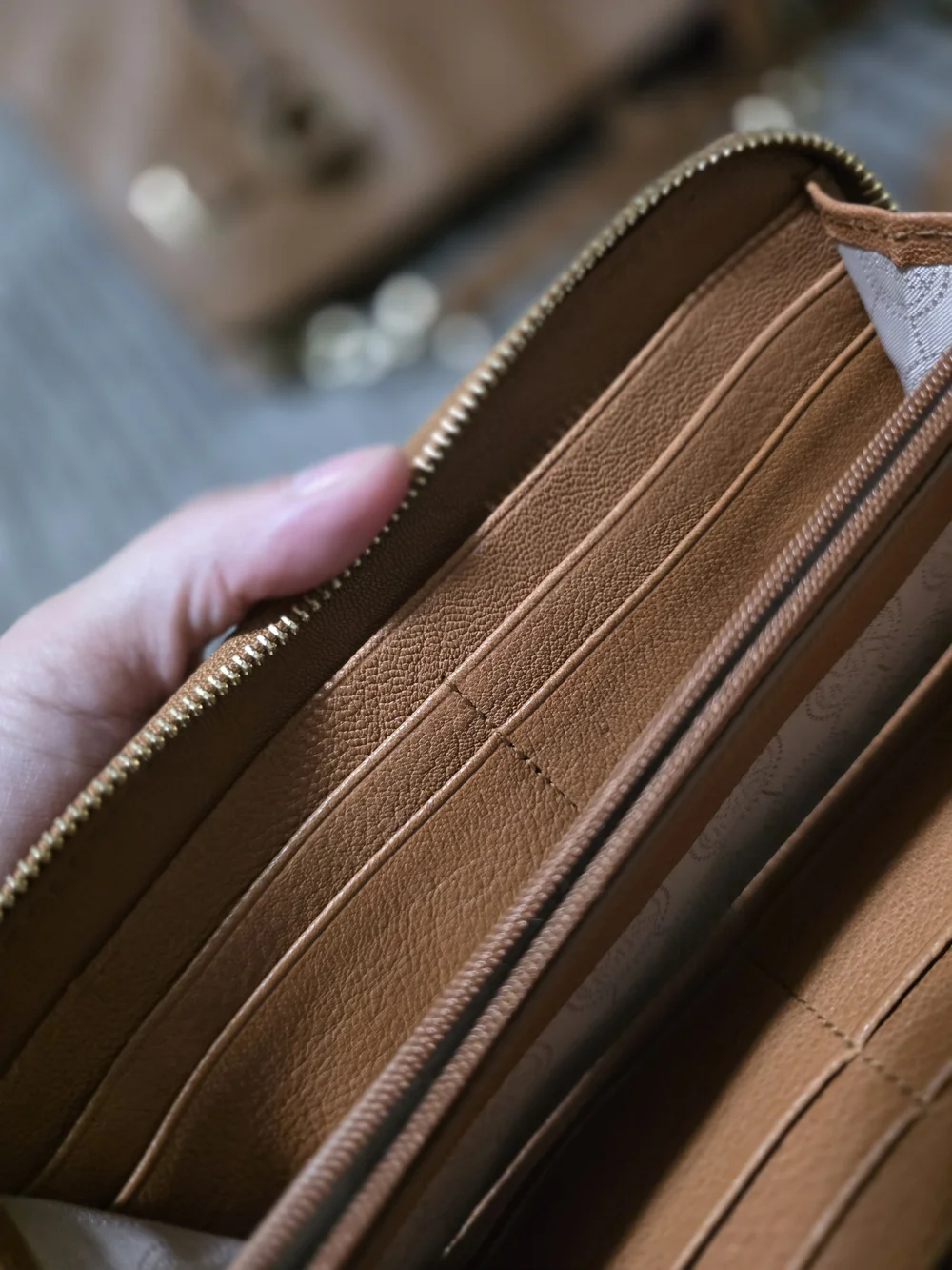 Michael Kors Tan Zip-Around Wallet with Gold Plaque